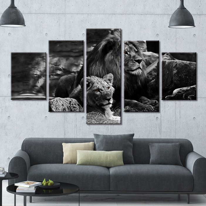 Tableau couple de lion noir et blanc