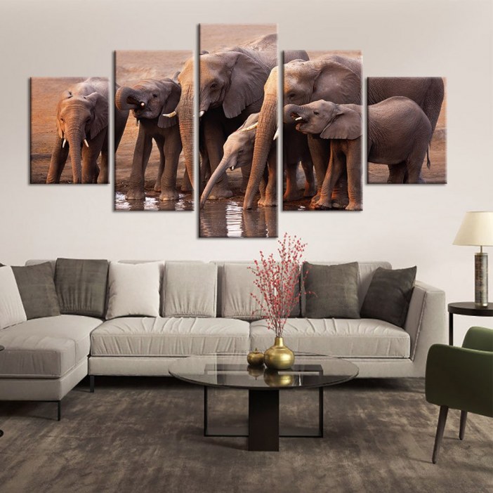 Tableau troupeau d&rsquo;éléphant s&rsquo;abreuvant