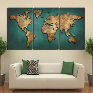 Tableau de la carte du monde effet Vintage. Le tableau est séparer en trois partie. La couleur du territoire est en doré et les eaux sont bleues.