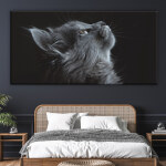 Tableau chaton gris. Bonne qualité, original, accrochée sur un mur, au-dessus d'un lit dans une maison