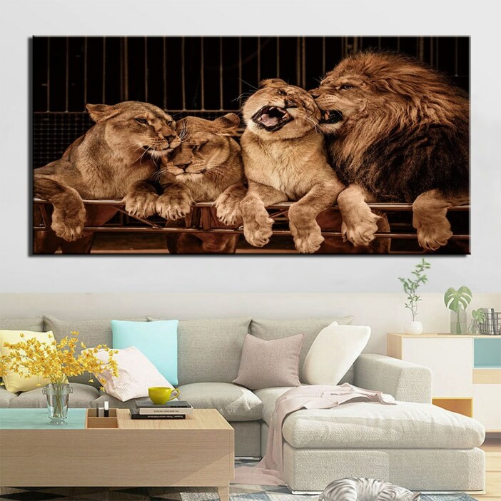 Tableau famille de lions