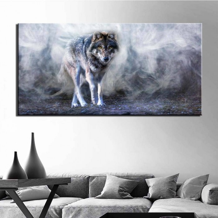 Tableau loup dans la brume