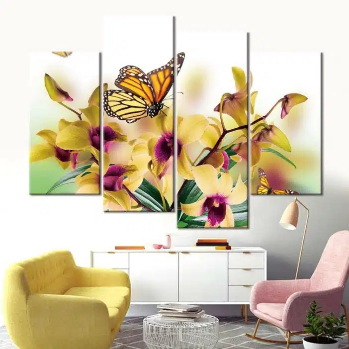 Tableau papillon et orchidée jaune
