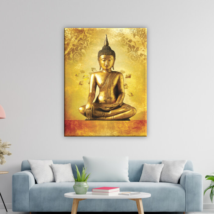 Tableau Bouddha doré. Bonne qualité, original, accrochée sur un mur au dessus d'un canapé dans un salon