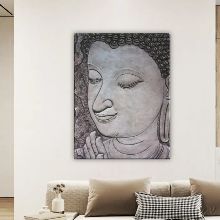 Tableau Bouddha noir et blanc. Bonne qualité, original, accrochée sur un mur au dessus d'un canapé dans un salon