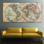 Tableau carte du monde antique 1820. Bonne qualité, original, accrochée sur un mur au dessus d'un canapé dans un salon