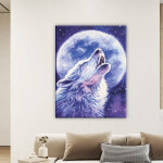 Tableau loup et pleine lune cosmique. Bonne qualité, original, accrochée sur un mur au dessus d'un canapé dans un salon
