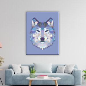 Tableau prisme loup. Bonne qualité, original, accrochée sur un mur au dessus d'un canapé dans un salon