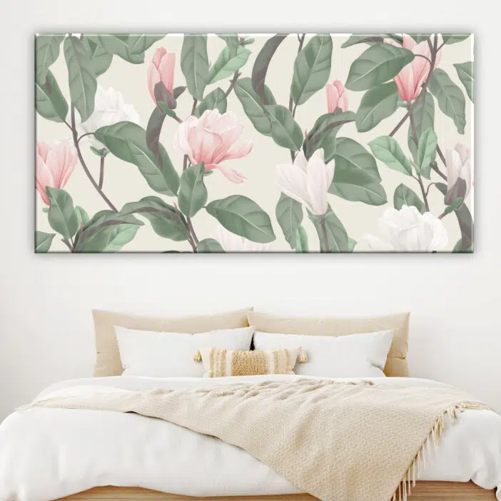 Tableau magnolias. Bonne qualité, original, accrochée sur un mur au dessus d'un lit dans une maison.
