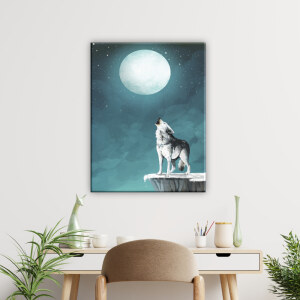 Tableau hurlement de loup. Bonne qualité, original, accrochée sur un mur au dessus d'une table dans un salon