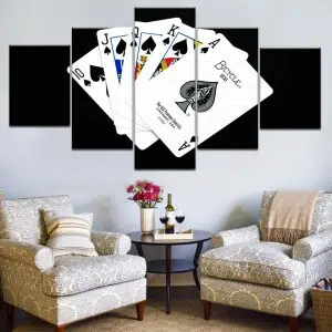 Tableau Poker Quinte Flush Royale Carte Bycicle. Bonne qualité, original, accrochée sur un mur au dessus d'un canapé dans un salon