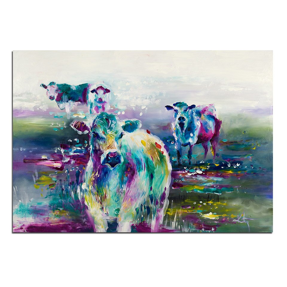 Tableau Vache Pop Art Multicolore – Toile Encadrée Prête à Accrocher 40x40 Cm, Style Andy Warhol, Décoration Fun Et Colorée