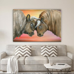 Tableau 2 vaches marrons peinture. Bonne qualité, original, accrochée sur un mur au dessus d'un canapé dans un salon