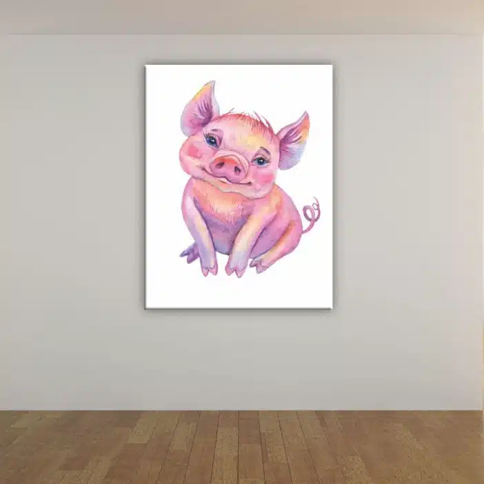 Tableau cochon blanc et rose. Bonne qualité, original, accrochée sur un mur dans un salon