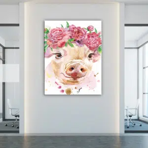 Tableau cochon couronne de fleurs. 08:37 Bonne qualité, original, accrochée sur un mur dans un salon