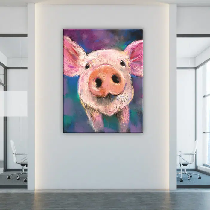 Tableau cochon rose peinture. 08:37 Bonne qualité, original, accrochée sur un mur dans un salon