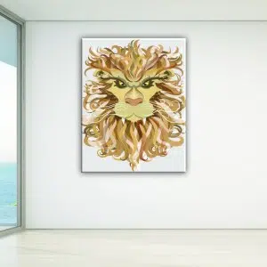 Tableau lion aux teintes orangé. Bonne qualité, original, accrochée sur un mur dans un salon