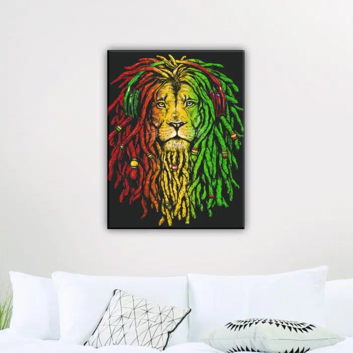 Tableau lion aux teintes rouge vert