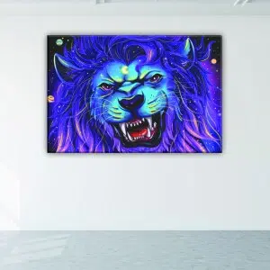 Tableau lion violet bleu. Bonne qualité, original, accrochée sur un dans un salon