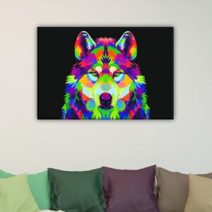 Tableau loup multicolore. Bonne qualité, original, accrochée sur un mur dans un salon
