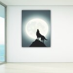 Tableau loup nuit au croissant de lune. Bonne qualité, original, accrochée sur un mur dans un salon
