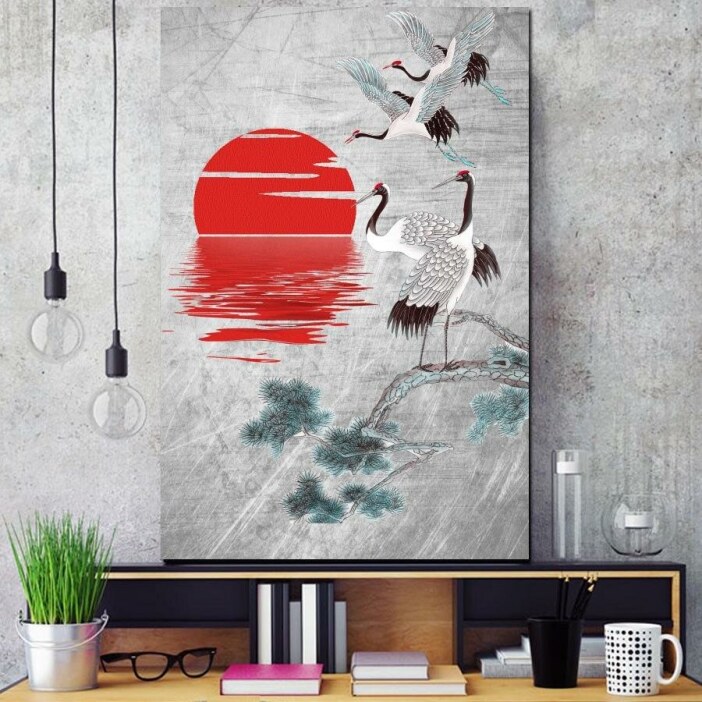 Tableau grue et soleil rouge Tableau Japonais Tableau Monde