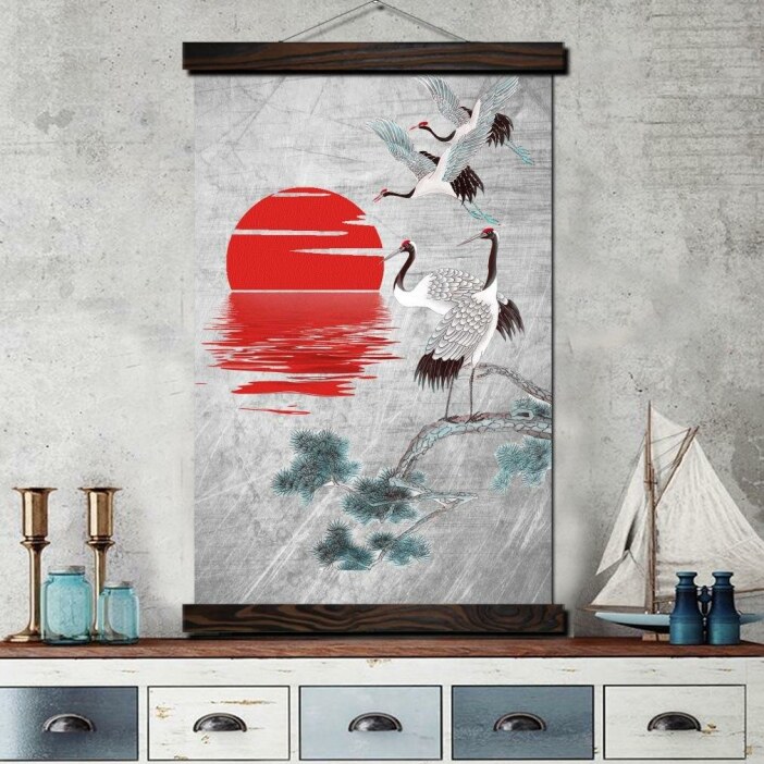 Tableau grue et soleil rouge Tableau Japonais Tableau Monde