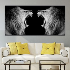 Tableau lions qui rugissent en noir et blanc Tableau Animaux Tableau Lion