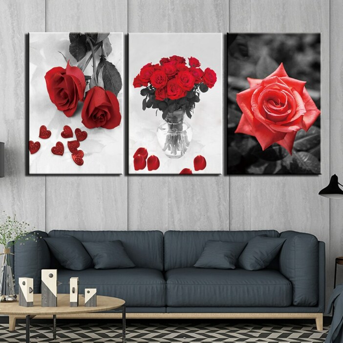 Tableau roses rouge en triptyque