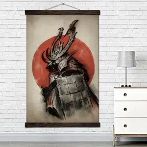 Tableau samouraï au soleil levant. Bonne qualité, original, accrochée sur un mur au dessus d'un table dans un salon