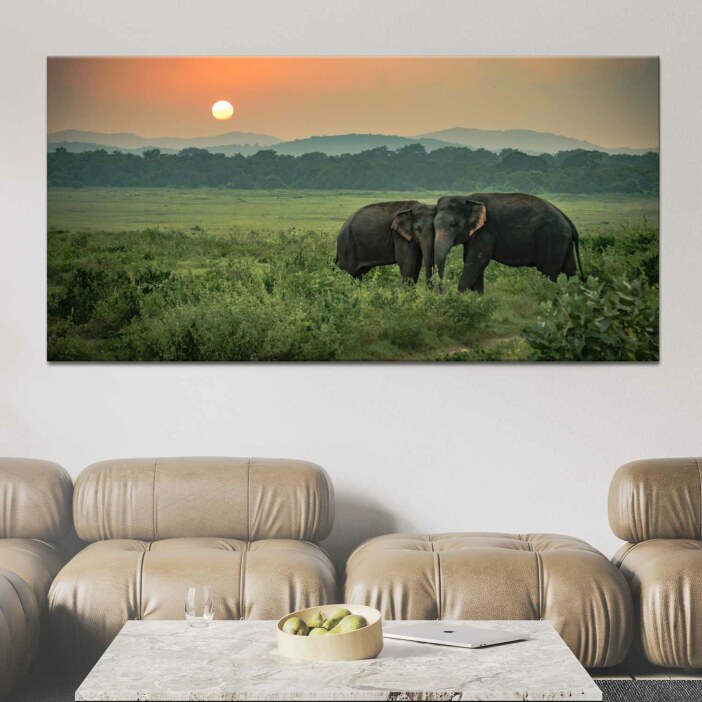Tableau couple d'éléphants sur les plaines vertes