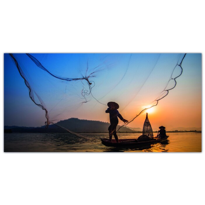 Tableau d’un Pêche en Asie au coucher du soleil Tableau Nature Tableau Paysage