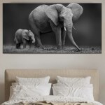Tableau éléphant et son fils en noir et blanc