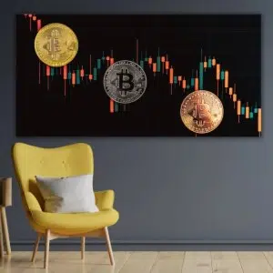 Tableau Graphique Bitcoin. Bonne qualité, original, accrochée sur un mur au dessus d'un canapé dans un salon