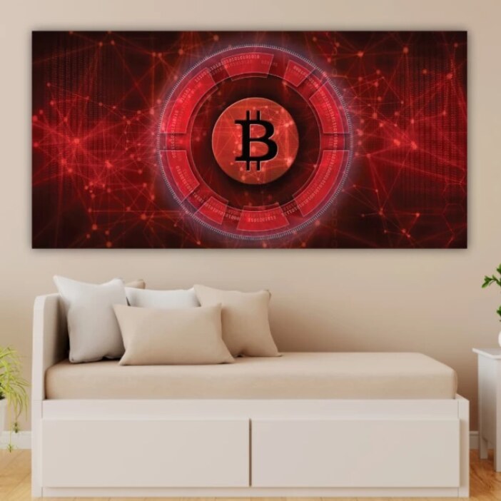 Tableau Rouge bitcoin. Bonne qualité, original, accrochée sur un mur au dessus d'un canapé dans un salon