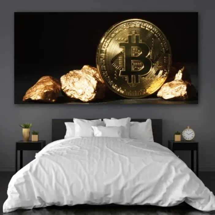 Tableau bitcoin et or. Bonne qualité, original, accrochée sur un mur au-dessus d'un lit dans une maison