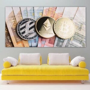 Tableau monnaies numériques et argent. Bonne qualité, original, accrochée sur un mur au dessus d'un canapé dans un salon