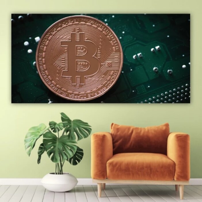 Tableau vert Bitcoin. Bonne qualité, original, accrochée sur un mur au dessus d'un canapé dans un salon
