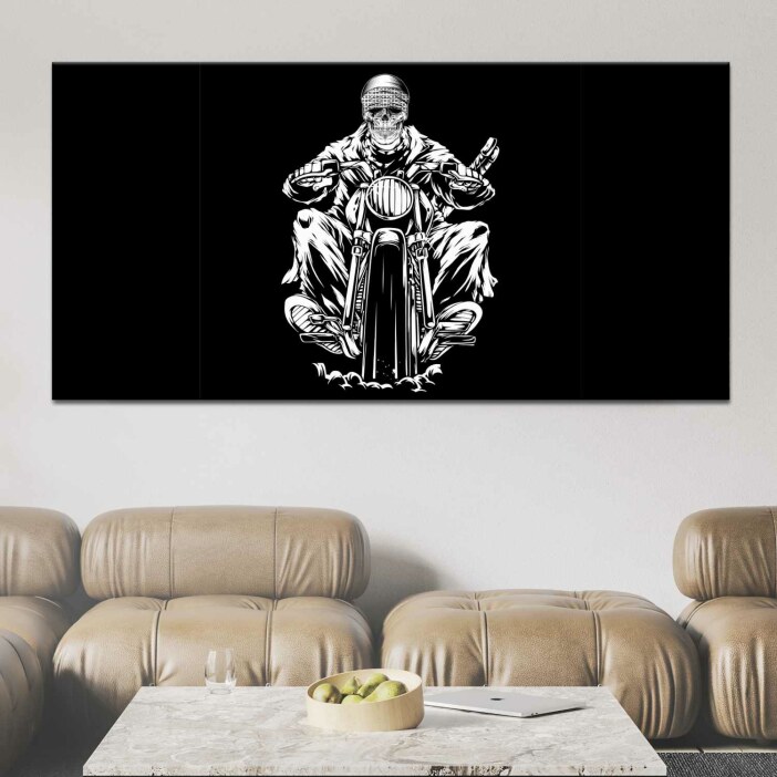 Tableau Squelette conduit une moto