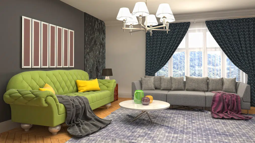 illustration 3D très réaliste d'un salon design dans lequel figurent 2 canapés : un vert et un gris. des cadres sont accrochés au mur et des plaids sont posés sur les canapés. un lustre allumé est accroché au-dessus de la table basse ronde blanche.
