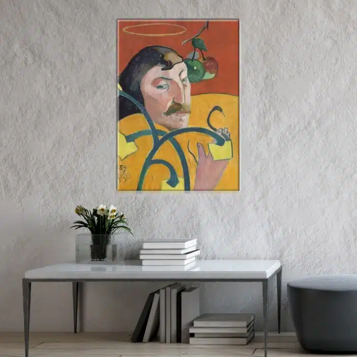 Tableau Gauguin Autoportrait au Nimbe. Bonne qualité, original, accrochée sur un mur au dessus d'une table dans un salon