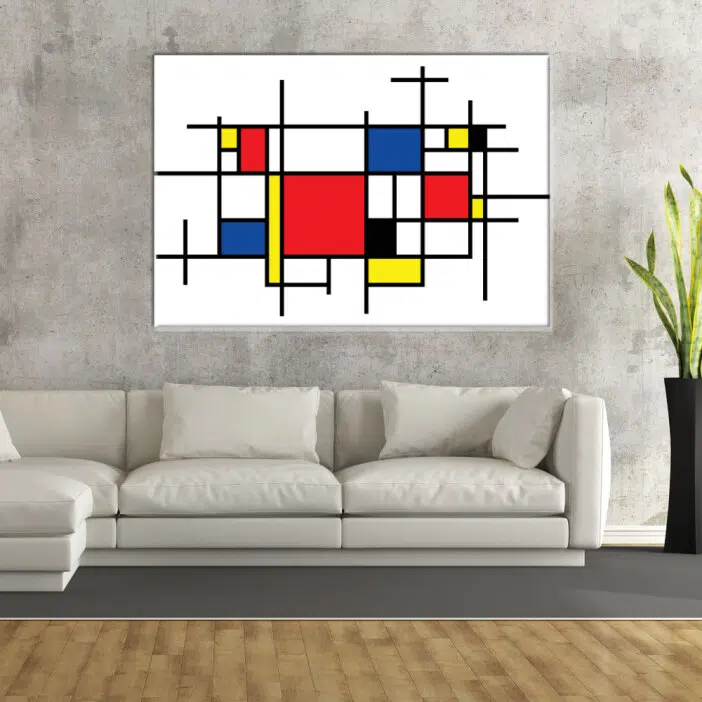 Tableau Mondrian Composition Large. Bonne qualité, original, accrochée sur un mur au dessus d'un canapé dans un salon