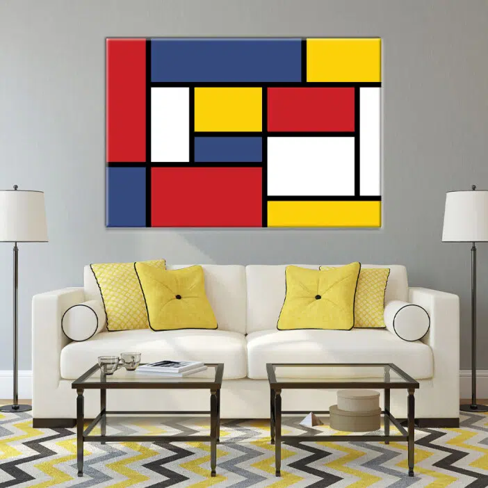 Tableau Mondrian Composition Rouge. Bonne qualité, original, accrochée sur un mur au dessus d'un canapé dans un salon