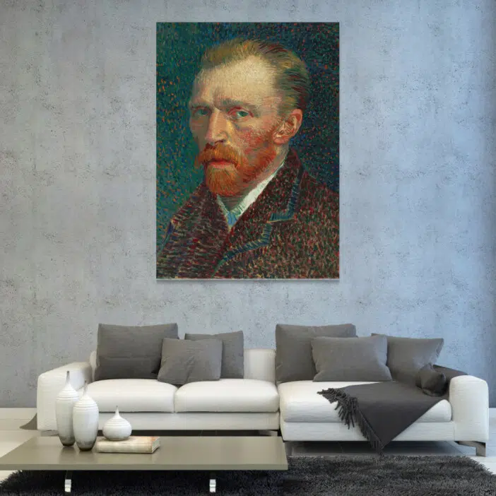 Tableau Autoportrait Van Gogh. Bonne qualité, original, accrochée sur un mur au dessus d'un canapé dans un salon