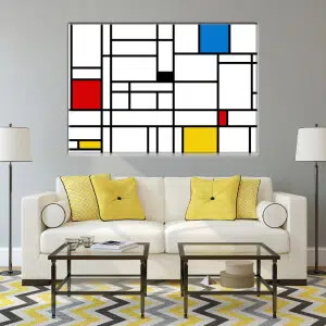 Tableau Mondrian Géométrique. Bonne qualité, original, accrochée sur un mur au dessus d'un canapé dans un salon