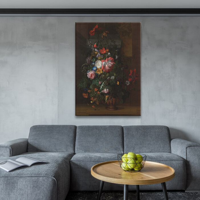 Tableau nature morte roses convolvulus poppies et autres fleurs dans une urne sur un rebord de pierre Tableau Nature Tableau Nature morte taille: XXS|XS|S|M|L|XL|XXL