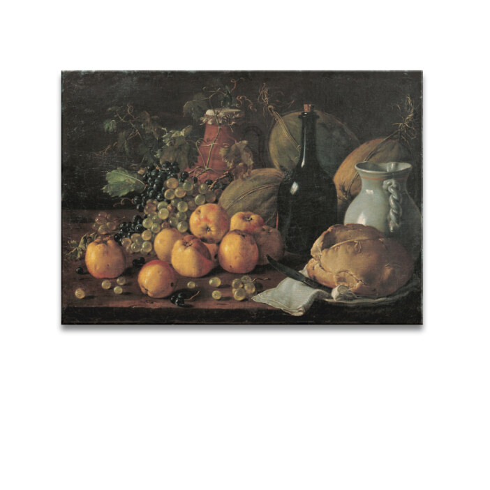 Tableau Nature morte vie immobile avec pommes, raisins, melons, pain, cruche et bouteille Tableau Nature Tableau Nature morte taille: XXS|XS|S|M|L|XL|XXL
