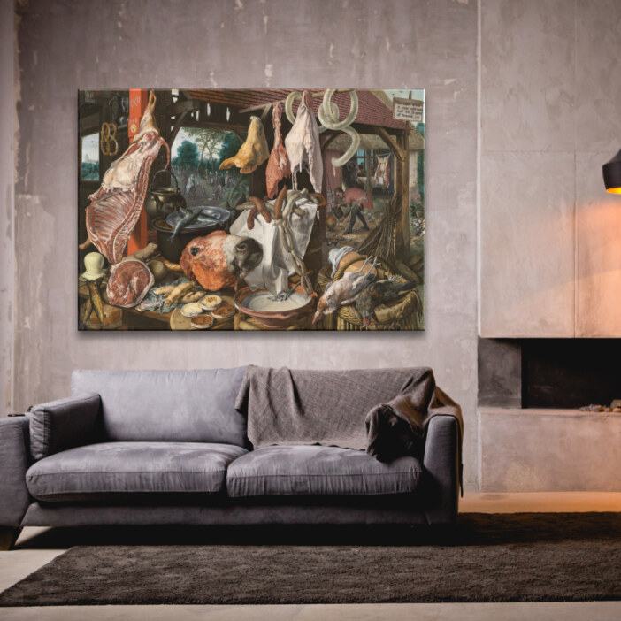 Tableau Nature morte étalage de viande avec la sainte famille faisant l’aumône Tableau Nature Tableau Nature morte taille: XXS|XS|S|M|L|XL|XXL