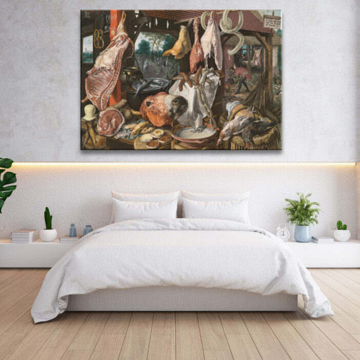 Tableau Nature morte étalage de viande avec la sainte famille faisant l’aumône Tableau Nature Tableau Nature morte taille: XXS|XS|S|M|L|XL|XXL