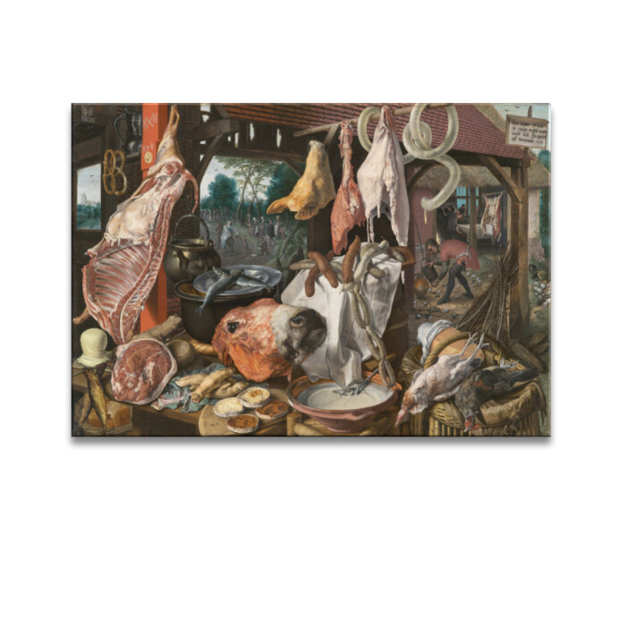 Tableau Nature morte étalage de viande avec la sainte famille faisant l’aumône Tableau Nature Tableau Nature morte taille: XXS|XS|S|M|L|XL|XXL